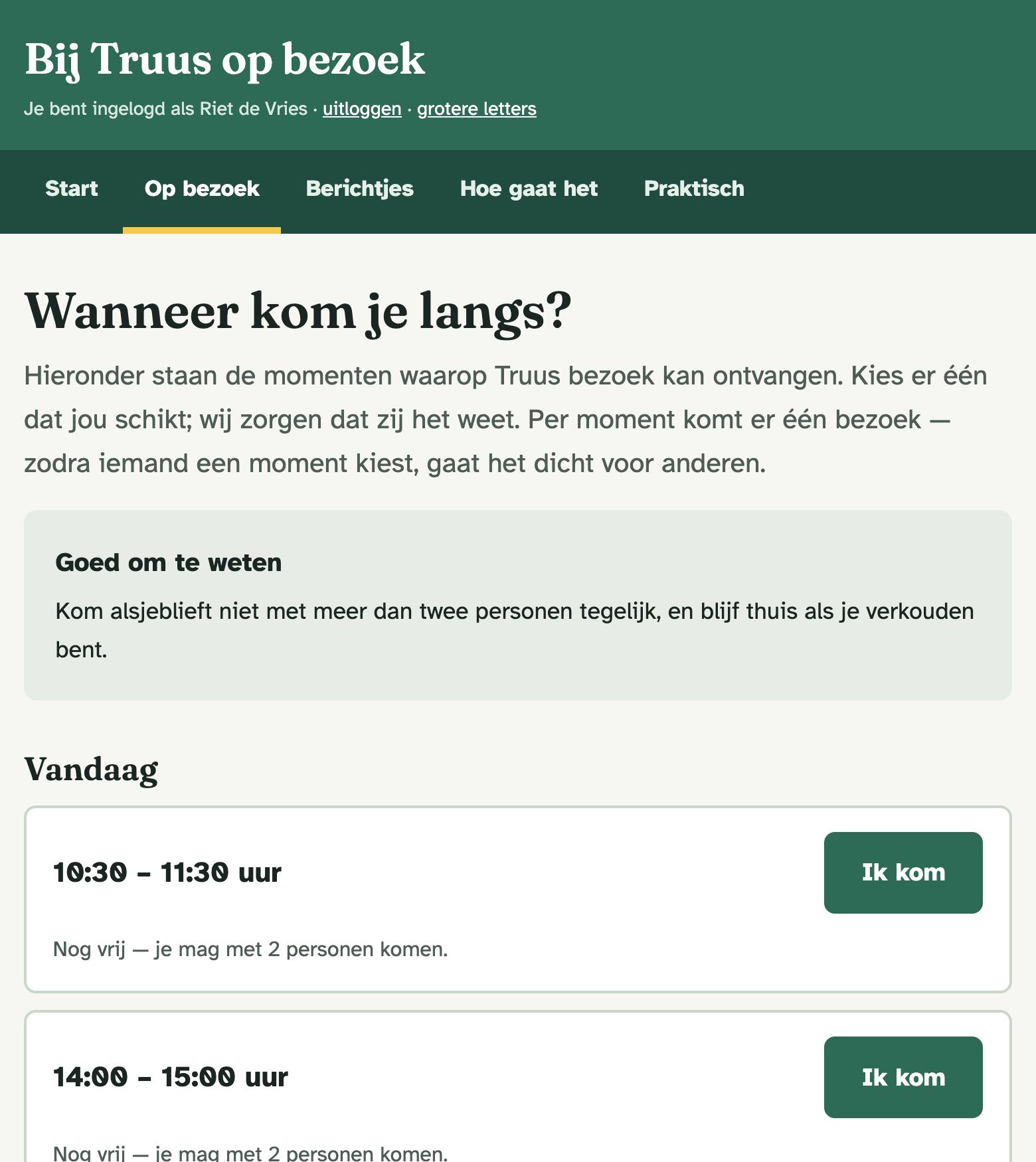 De pagina 'Wanneer kom je langs?' met vrije bezoekmomenten per dag en een knop 'Ik kom'.