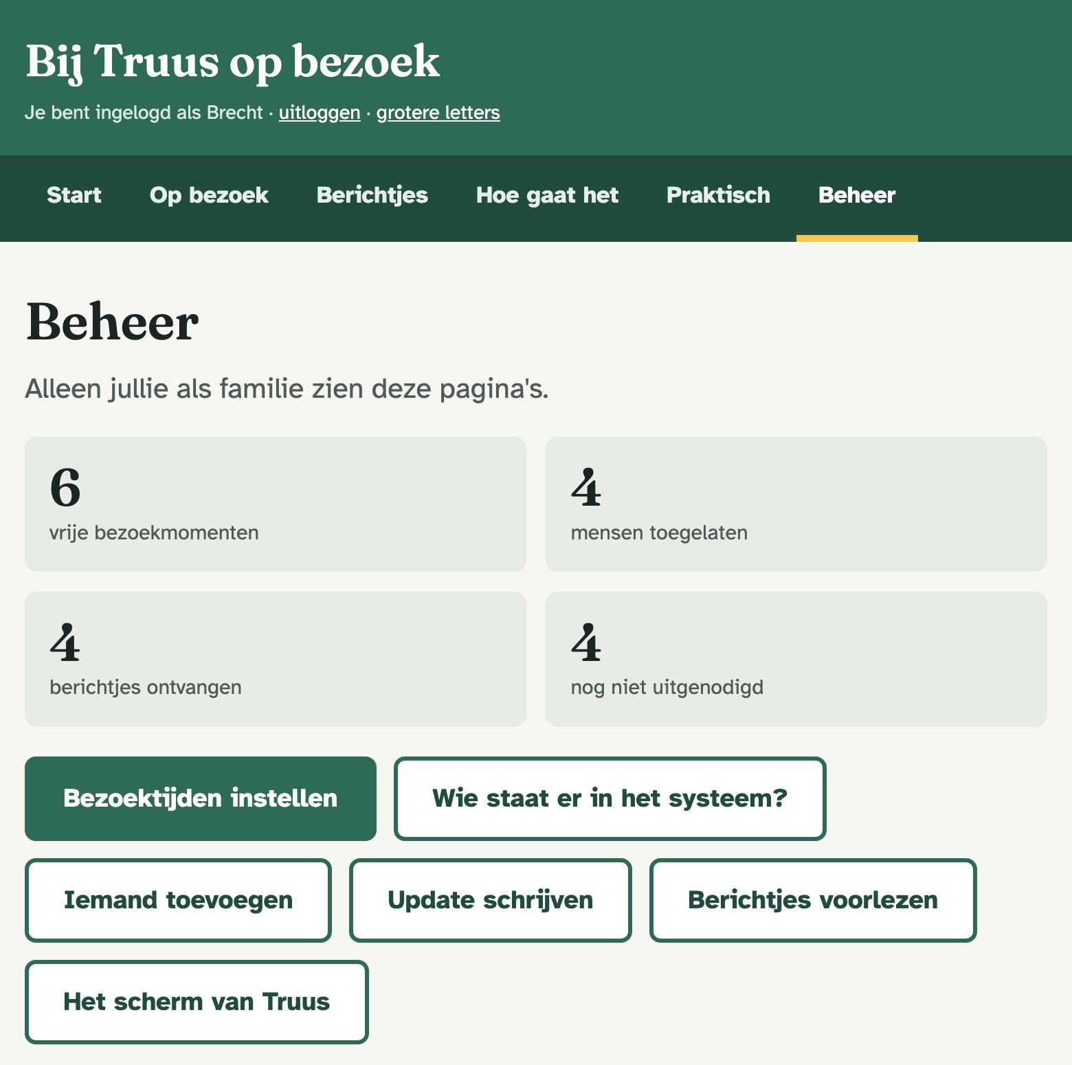 Het beheerscherm voor de familie: aantallen, knoppen voor bezoektijden en mensen, en de komende bezoeken.